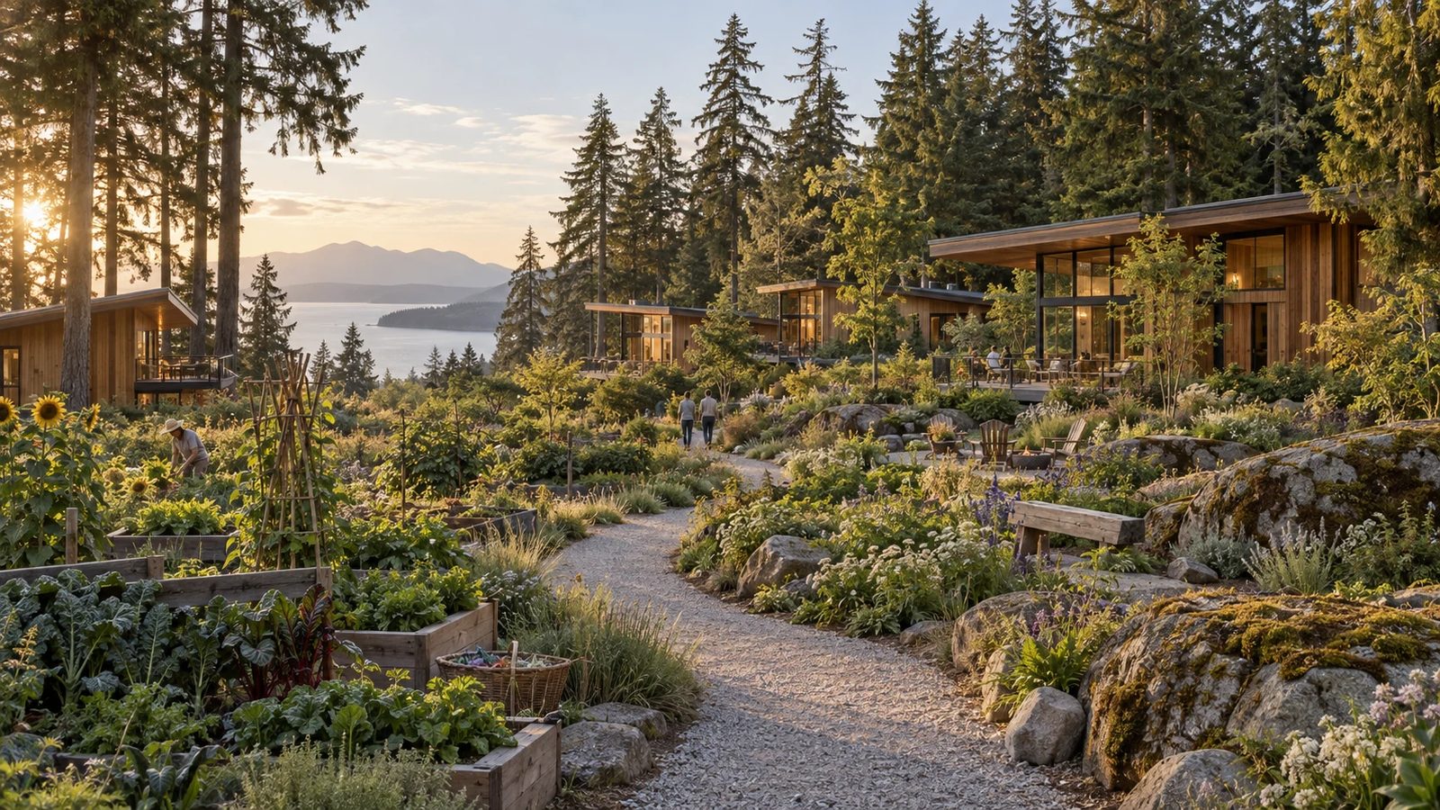 Conceptual rendering: cedar homes and shared edible gardens among tall evergreens