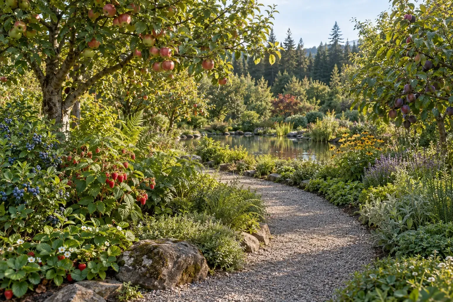 Conceptual rendering: a layered food forest with fruit trees and a winding gravel path