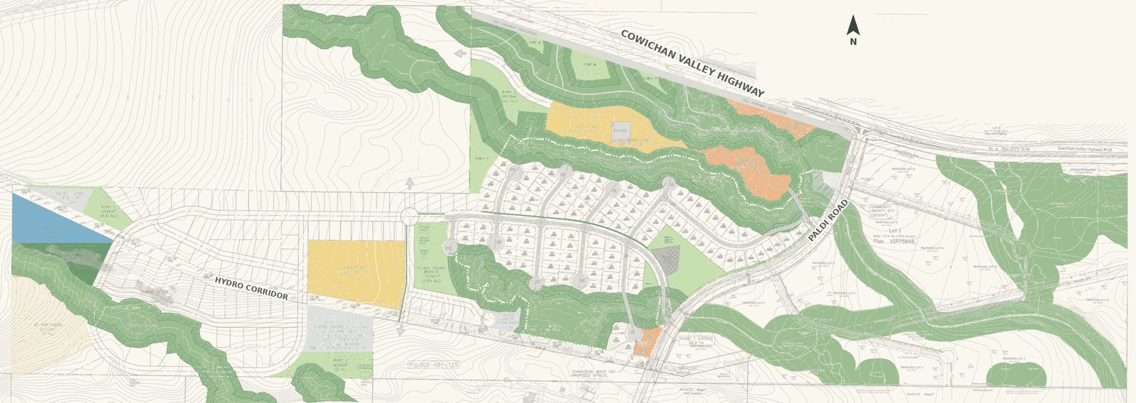 Conceptual site plan of Elk Ridge, traced from the engineered land use plans: the Phase 1 single-family neighbourhood on a loop road with cul-de-sacs, the wellness resort parcel, school site, sports field, Village Marketplace & Shops, Zen park, sauna and lounge, Trout Lake, Tiny Home Village, creek-side forest and the 13 five-acre lots to the east
