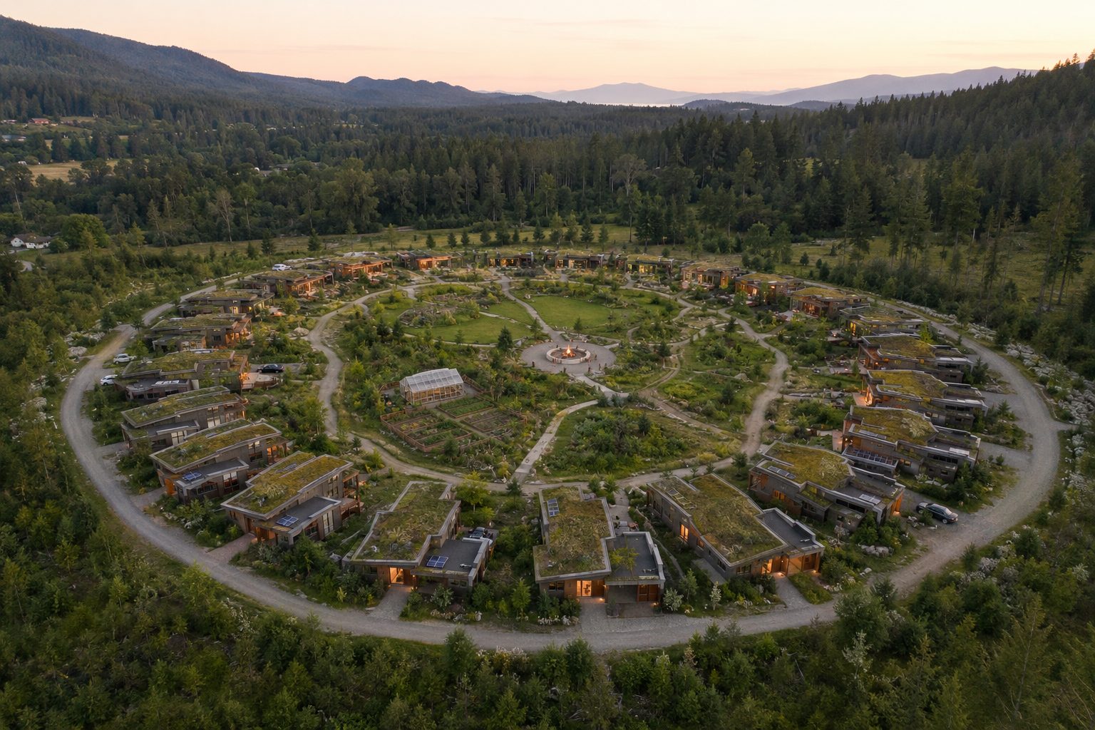 Conceptual rendering of Founder Village: a circle of homes around shared gardens and a central green, ringed by forest and mountains