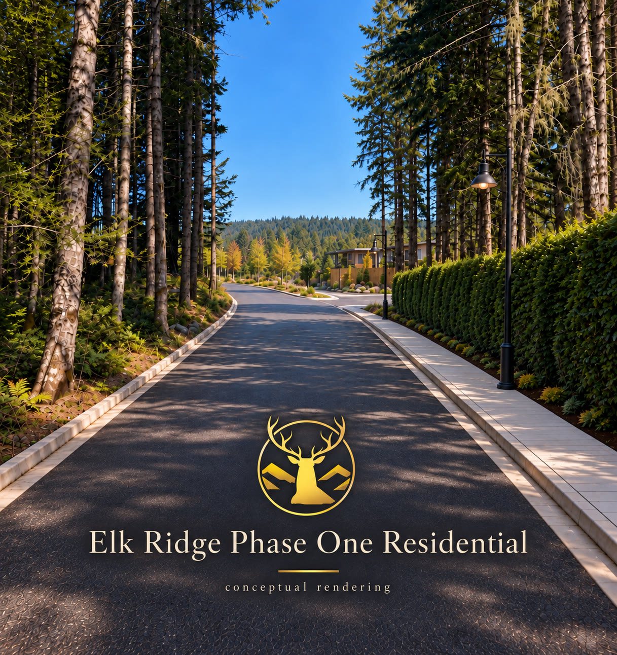 Conceptual rendering of the Elk Ridge Phase 1 entrance road: a tree-lined lane with a sidewalk, street lamps and the Elk Ridge crest, leading to the first homes
