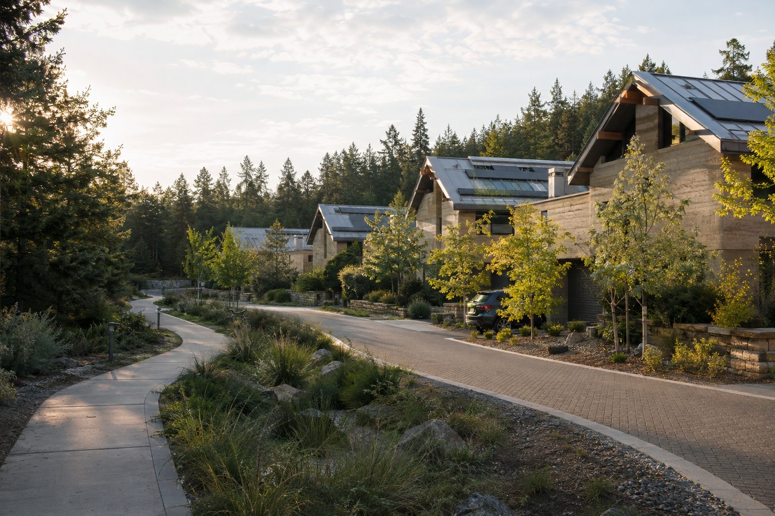 Conceptual rendering of an Elk Ridge street at golden hour: timber homes, a curving walkway and native planting