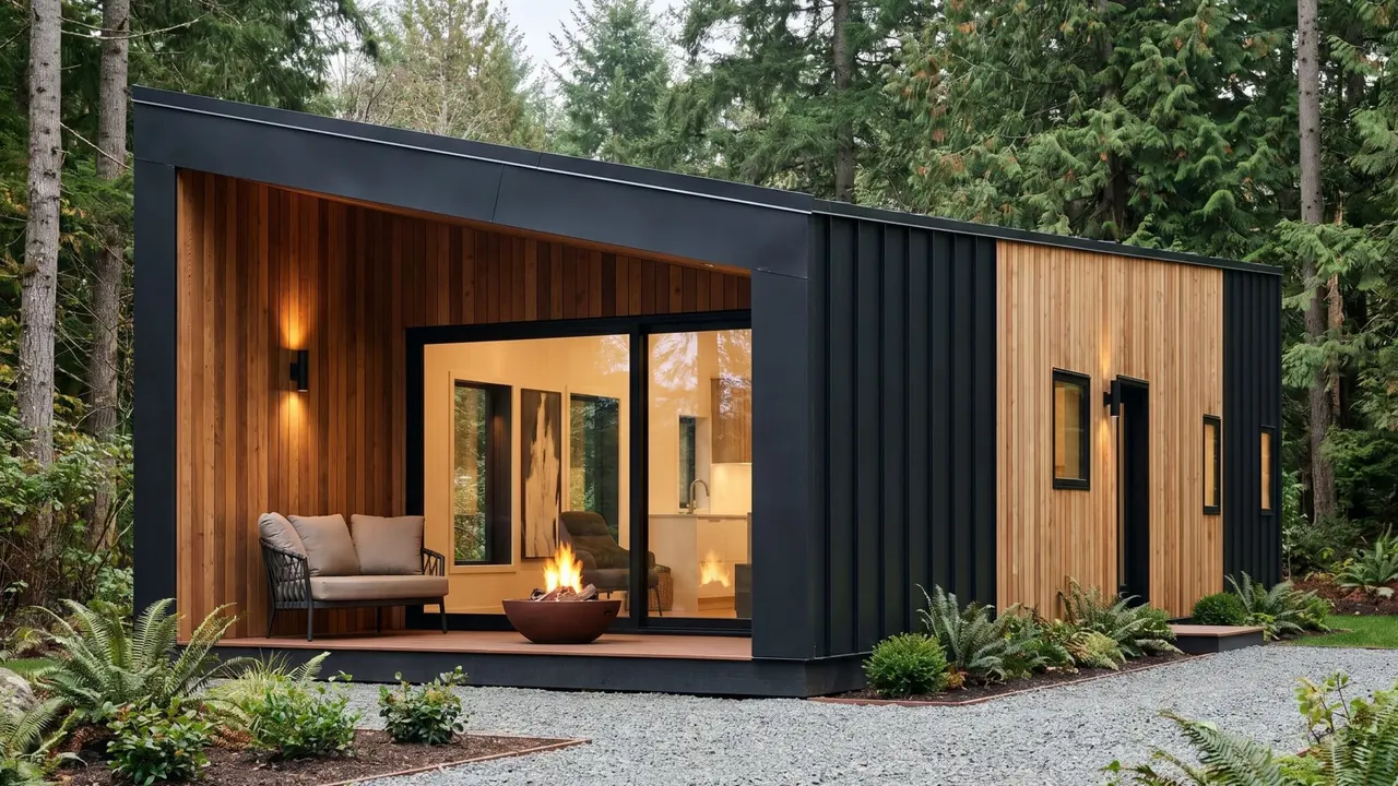 Example of a compact modular home with timber cladding and large windows
